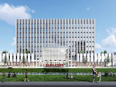 Modern Office Building With Glass Curtain Wall Surrounded By Lawn And People Walking 3d model