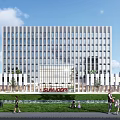 Modern Office Building With Glass Curtain Wall Surrounded By Lawn And People Walking