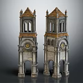 Two Classical Stone Towers With Spires Arched Doorways And Clock Details