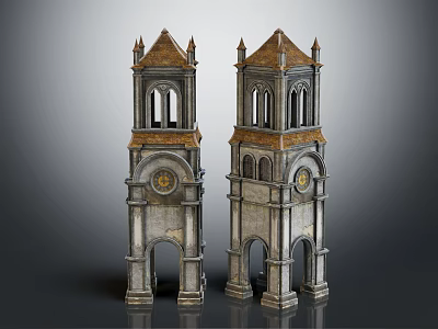 Two Classical Stone Towers With Spires Arched Doorways And Clock Details 3d model