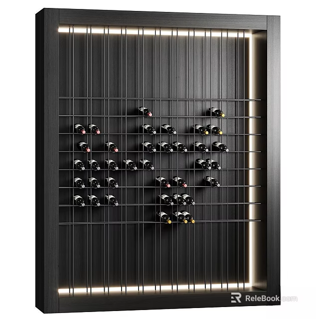 Modern Black Wine Cabinet With Metal Grille Design And Organized Wine Bottles 3d model 