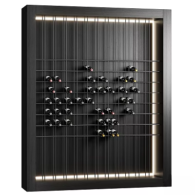 Modern Black Wine Cabinet With Metal Grille Design And Organized Wine Bottles 3d model