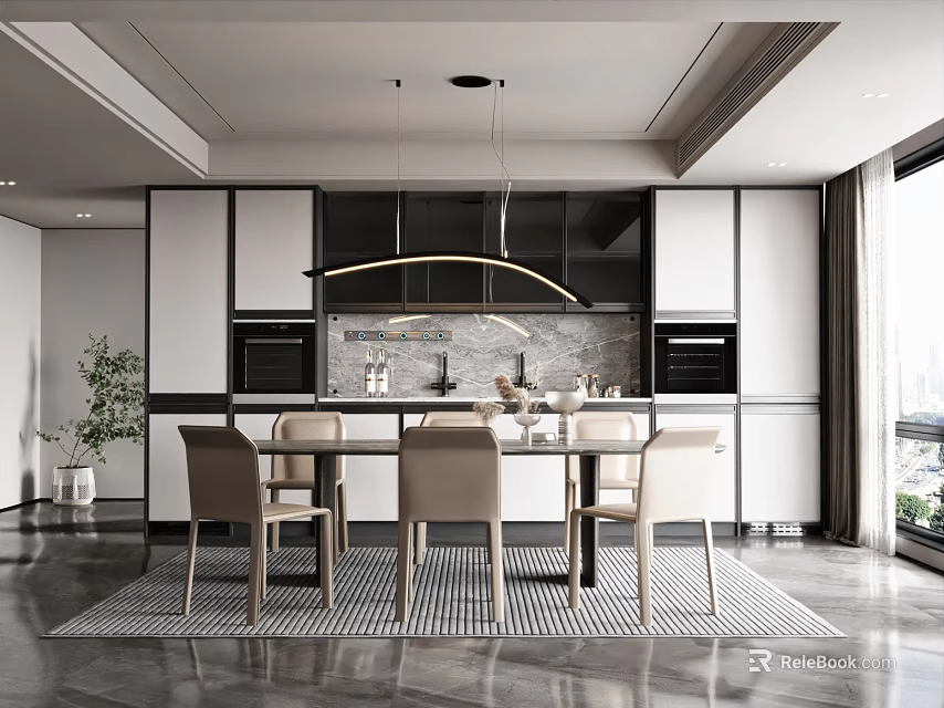 Modern Open Concept Dining Room With Dining Table Beige Chairs Pendant Light And Cabinets 3d model