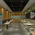 Modern Hot Pot Restaurant Interior With Wooden Decor Dining Tables And Beverage Cooler