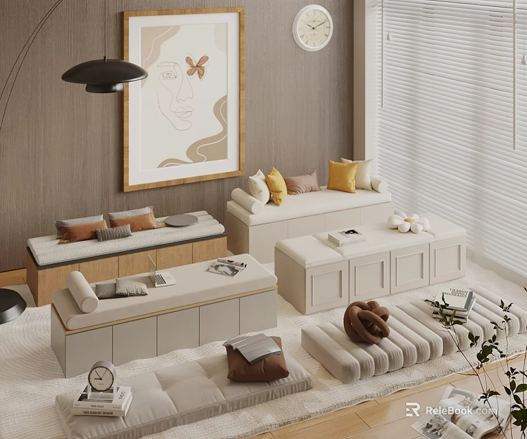 Modern Living Room Interior With Beige Sofas Cushions Decorative Painting And Blinds 3d model 