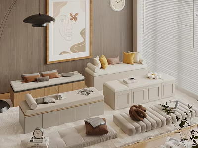 Modern Living Room Interior With Beige Sofas Cushions Decorative Painting And Blinds 3d model