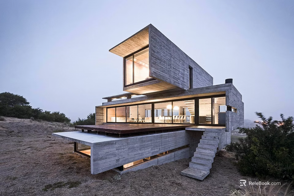 Modern Concrete Detached Villa With Large Glass Windows Terrace And Steps 3d model 