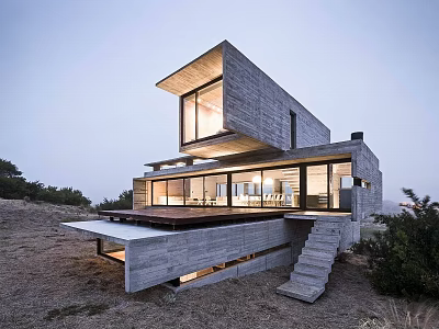 Modern Concrete Detached Villa With Large Glass Windows Terrace And Steps 3d model
