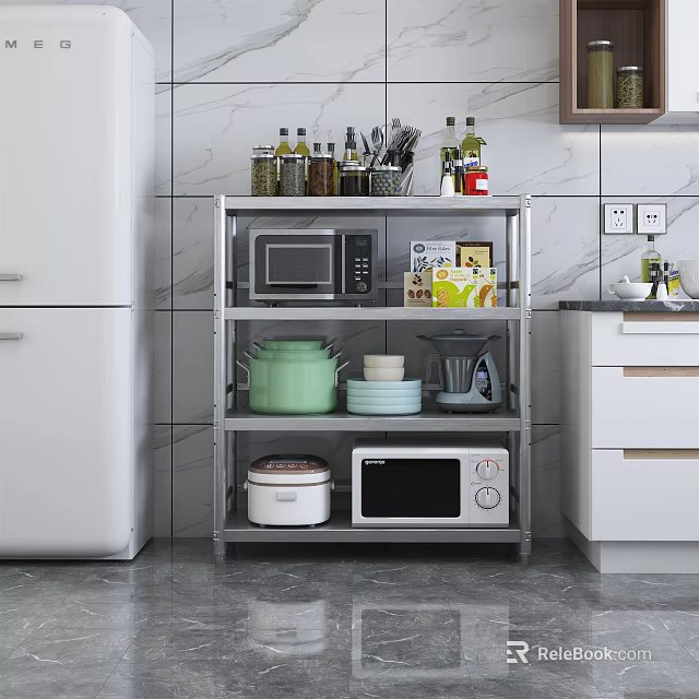 Stainless Steel Multi Tier Kitchen Shelf with Microwave Pots Dishes and Condiments Organizer 3d model 