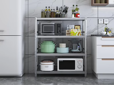 Stainless Steel Multi Tier Kitchen Shelf with Microwave Pots Dishes and Condiments Organizer 3d model