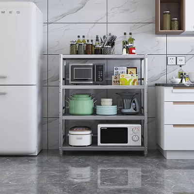 Stainless Steel Multi Tier Kitchen Shelf with Microwave Pots Dishes and Condiments Organizer 3d model