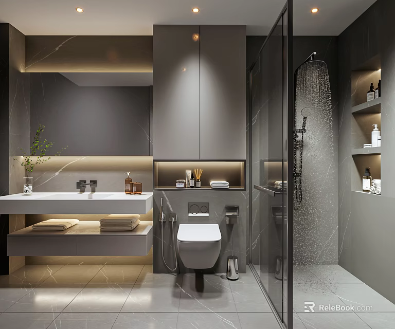 Modern Bathroom With Gray Cabinets Marble Countertop Wall Mounted Toilet Glass Shower Lit Niches Greenery 3d model 