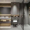 Modern Bathroom With Gray Cabinets Marble Countertop Wall Mounted Toilet Glass Shower Lit Niches Greenery