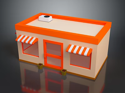 Cute Small Shop Model With Orange Roof Red White Striped Awnings And Beige Walls 3d model