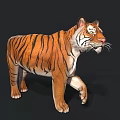 Realistic 3D Tiger Model With Orange Black Stripes And White Face Standing On Black Background
