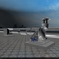Industrial Rooftop Equipment Featuring White Cylindrical Tank Pipes and City Skyline