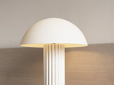 Modern White Dome Shade Table Lamp With Column Base And Warm Light On Wooden Background 3d model