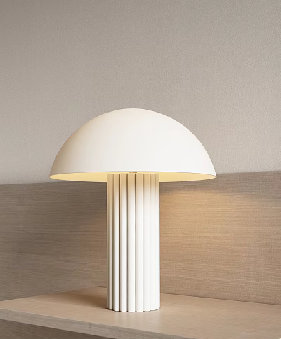 Modern White Dome Shade Table Lamp With Column Base And Warm Light On Wooden Background 3d model