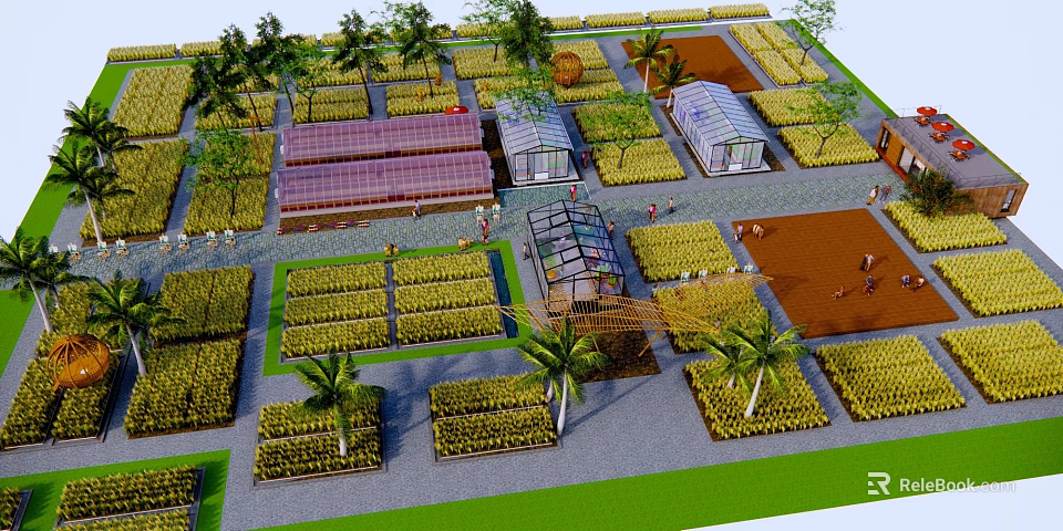 Garden Landscape Design Featuring Greenhouses Planting Beds Palm Trees and Paths 3d model 