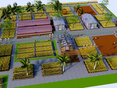 Garden Landscape Design Featuring Greenhouses Planting Beds Palm Trees and Paths 3d model