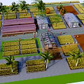 Garden Landscape Design Featuring Greenhouses Planting Beds Palm Trees and Paths
