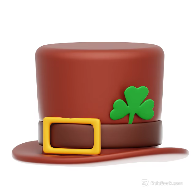 Red Top Hat With Brown Band Yellow Square Buckle And Green Clover 3d model 