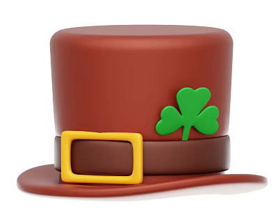 Red Top Hat With Brown Band Yellow Square Buckle And Green Clover 3d model
