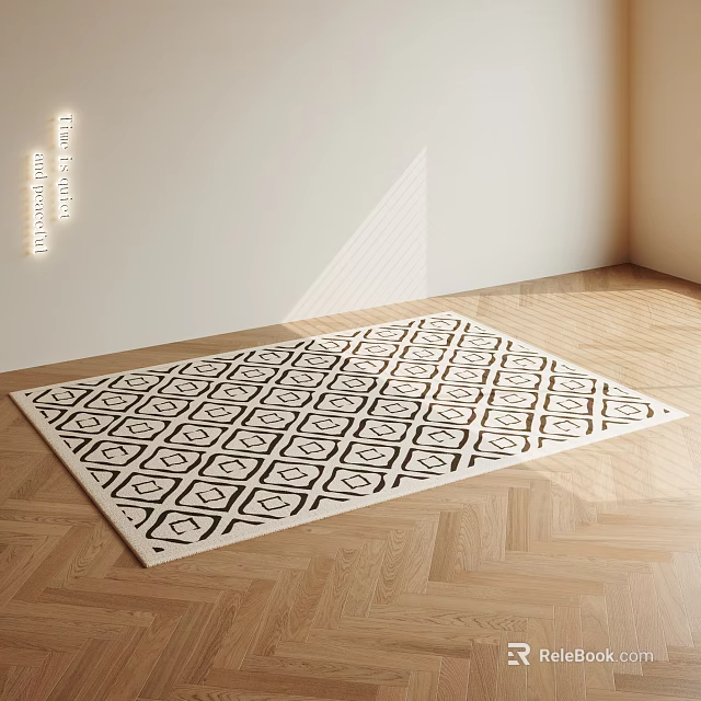 Square Rug Featuring Geometric Pattern On Herringbone Wooden Floor With Natural Light 3d model