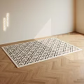 Square Rug Featuring Geometric Pattern On Herringbone Wooden Floor With Natural Light 3d model