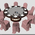 Elegant Round Dining Table With Red Chair Covers White Plates And Decorative Centerpiece