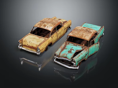 Rusty Vintage Cars Exterior View Of Two Worn Yellow And Turquoise Old Vehicles 3d model