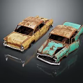 Rusty Vintage Cars Exterior View Of Two Worn Yellow And Turquoise Old Vehicles