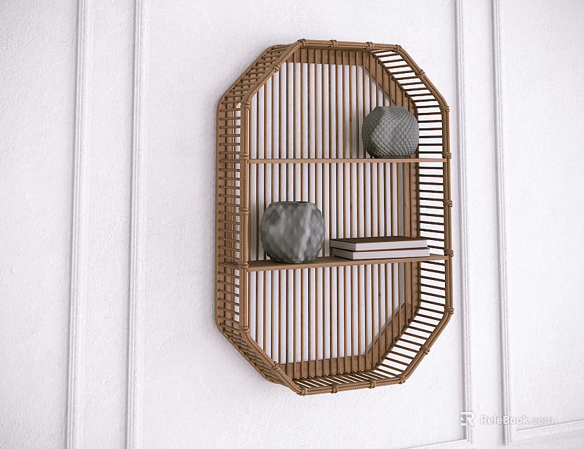 Minimalist Octagonal Wall Cabinet With Rattan Striped Design And Decorative Shelves 3d model 