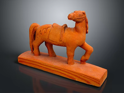 Orange Red Terracotta Horse Statue Featuring Saddle Standing On Decorative Base 3d model