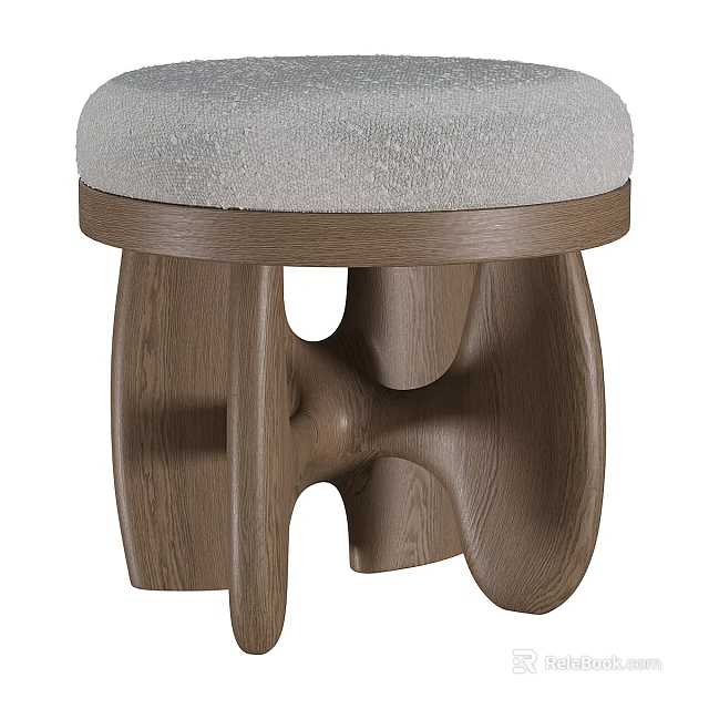Unique Wooden Stool With Curved Legs And Upholstered Beige Seat 3d model 