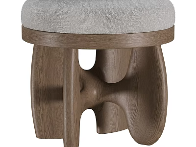 Unique Wooden Stool With Curved Legs And Upholstered Beige Seat 3d model
