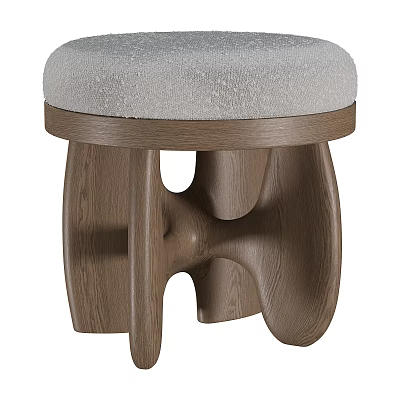 Unique Wooden Stool With Curved Legs And Upholstered Beige Seat 3d model