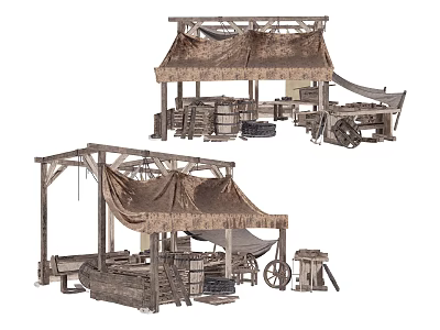 Wooden Stalls With Canvas Awnings Including Wooden Crates Wheels And Tools 3d model
