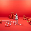 Other Red Background Display Scenes With Miniature Figures Furniture Items And Grid Patterned Floor
