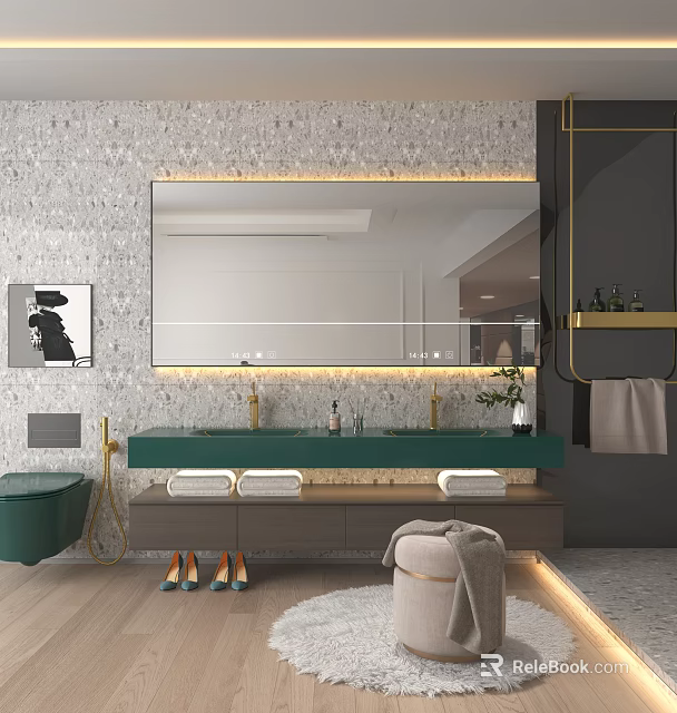 Modern Bathroom Vanity Design With Large Mirror Green Countertop Gold Faucets And Storage Cabinets 3d model 