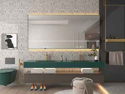 Modern Bathroom Vanity Design With Large Mirror Green Countertop Gold Faucets And Storage Cabinets 3d model