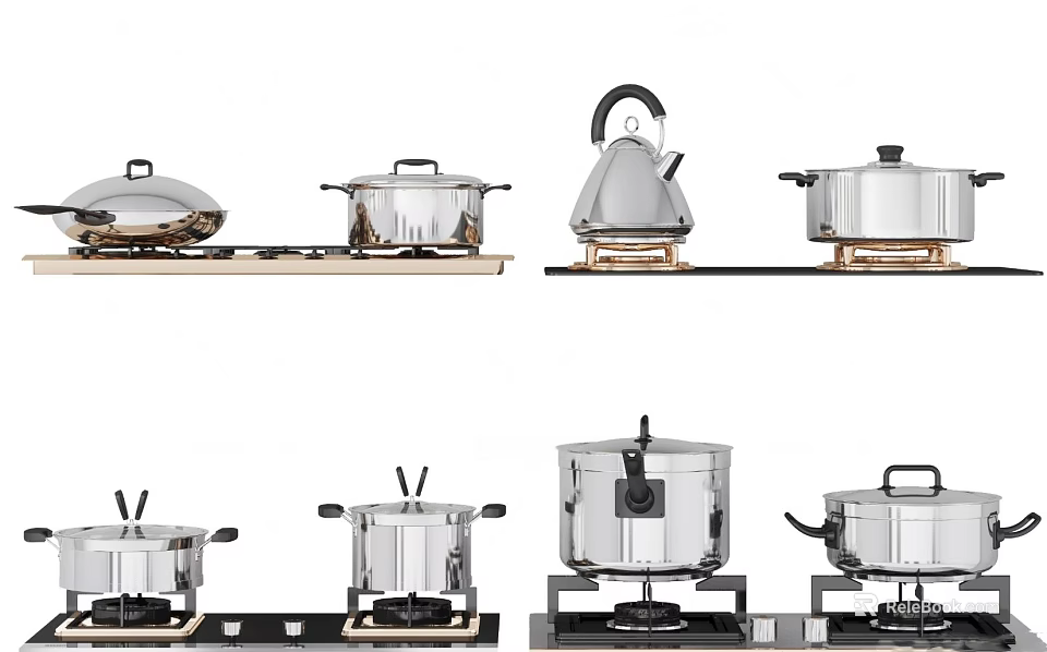Stainless Steel Kitchen Cookware Collection Including Covered Pots Kettle And Display On Stovetop Stand 3d model 