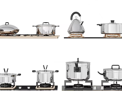 Stainless Steel Kitchen Cookware Collection Including Covered Pots Kettle And Display On Stovetop Stand 3d model