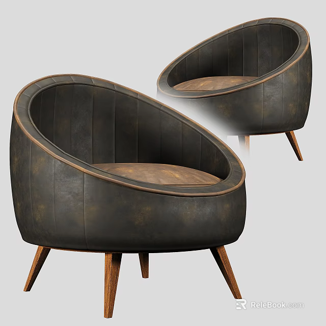 Dark Leather Accent Chair With Curved Design And Wooden Legs For Modern Interior 3d model 