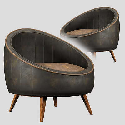 Dark Leather Accent Chair With Curved Design And Wooden Legs For Modern Interior 3d model