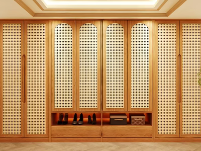 Traditional Wooden Wardrobe Interior Design With Lattice Doors And Bottom Storage 3d model