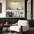 Brown Leather And Beige Armchairs With Wooden Armrests In Room With Wall Painting Dark Cabinets