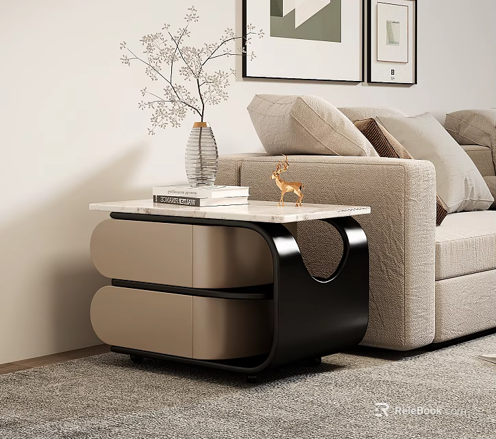 Modern Beige Sofa And Coffee Table Set With Marble Top Black Frame And Decorative Items 3d model