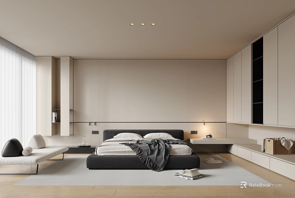Modern Minimalist Bedroom Interior With King Bed Nightstand Built in Wardrobe And Recessed Lighting 3d model 