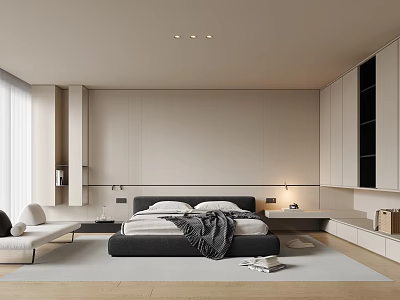 Modern Minimalist Bedroom Interior With King Bed Nightstand Built in Wardrobe And Recessed Lighting 3d model